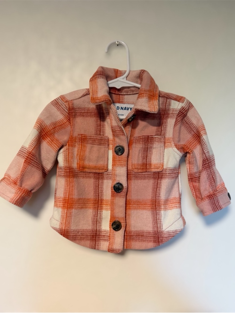 Old Navy Baby Plaid Button-Front Shacket Flannel Celestial Peach 6-12 Months
